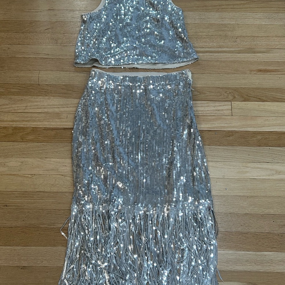 Rachel Roy Silver Sequin Skirt Suit, Size S
